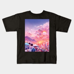 Lofi Dreamy Sunrise at Morning Having Leisure Walk in Big City Kids T-Shirt